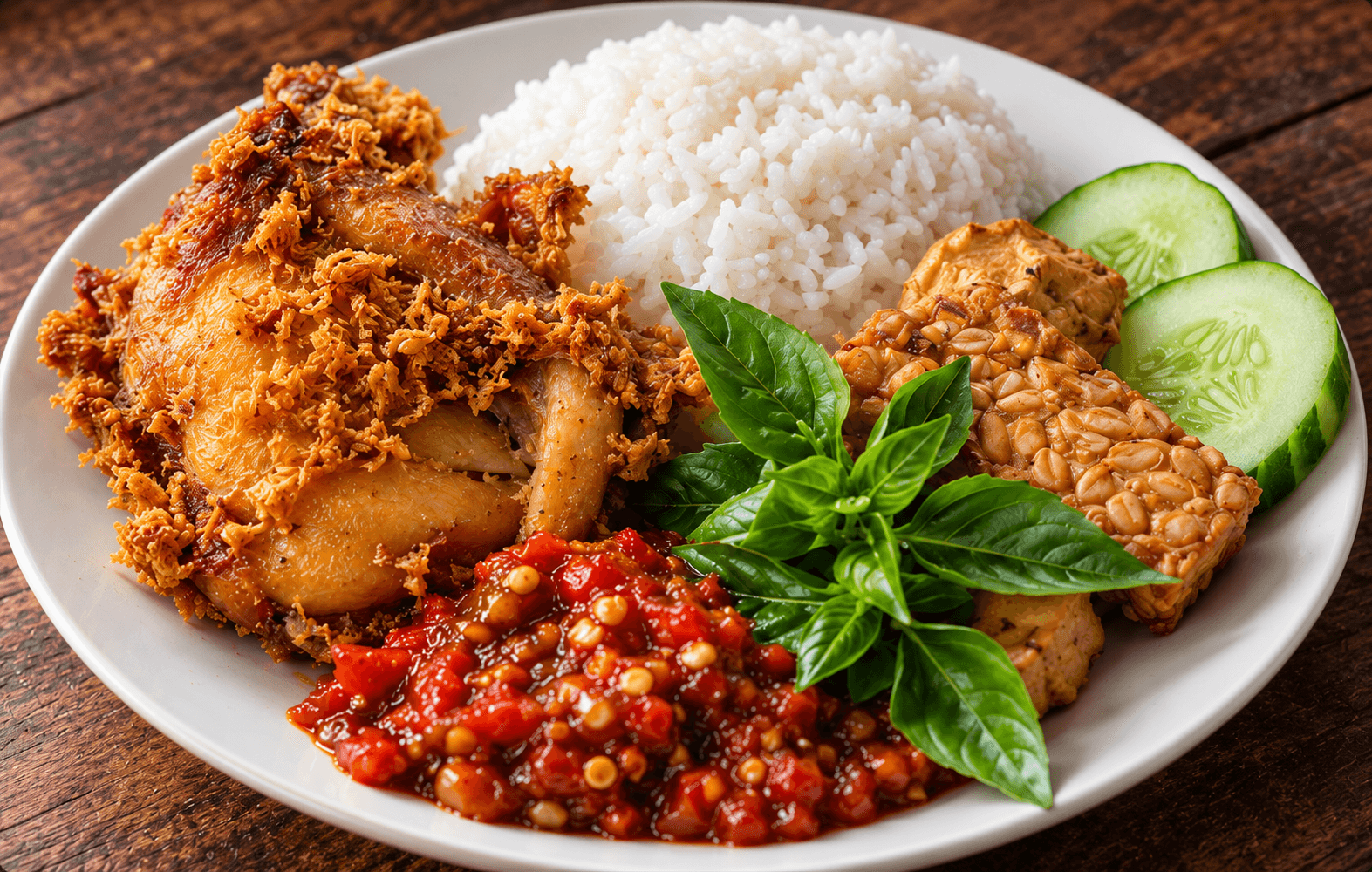 Ilustrasi ayam penyet dengan nasi, sambal, tempe, dan lalapan